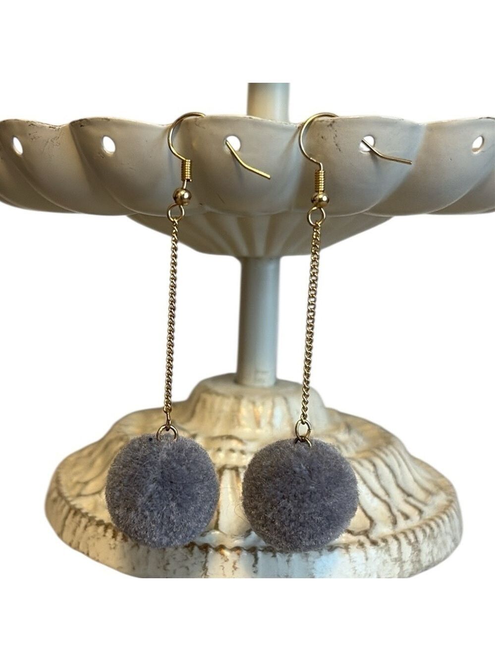 Plunder Pom Pom Earrings Gray and Gold New